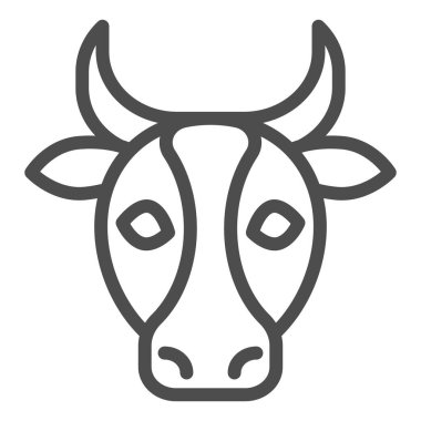 İnek, boğa başlı çizgi ikonu. Çiftlik hayvanı suratlı siluet, sana bakıyorum. Hayvanlar için vektör tasarımı konsepti, beyaz arka planda taslak biçim piktogramı, web ve uygulama için kullanım. Eps 10.