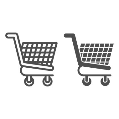 Alışveriş arabası kuyruğu ve sembol. Tekerlekli market arabası. Ticari vektör tasarımı konsepti, beyaz arka planda taslak biçim piktogramı, web ve uygulama için kullanım. Eps 10.