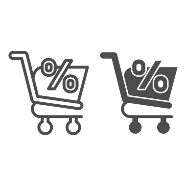 Perspektif çizgisi ve simgesi olan alışveriş arabası. İndirimli ya da tabelalı market arabası. Ticari vektör tasarımı konsepti, beyaz arka planda taslak biçim piktogramı, web ve uygulama için kullanım. Eps 10.