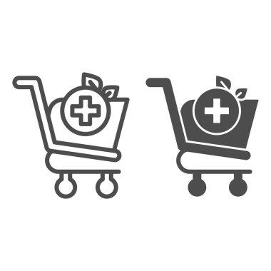 Eczane alışveriş hattı ve sembol simgesi. Tıbbi işaretli market arabası. Ticari vektör tasarımı konsepti, beyaz arka planda taslak biçim piktogramı, web ve uygulama için kullanım. Eps 10.