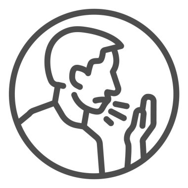 Boğaz çizgisi ikonu olan insan avatarı. Grip hastalığının sembolü olan hasta, beyaz arka planda ana hatlı bir resim. Coronavirus enfeksiyon işareti ve web tasarımı. Vektör grafikleri.