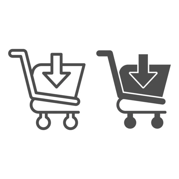 Downloaden Winkelwagen lijn en glyph pictogram. Marktrolley met spaarknop, pijlbord. Commerce vector ontwerp concept, outline stijl pictogram op witte achtergrond, gebruik voor web en app. Eps 10. — Stockvector