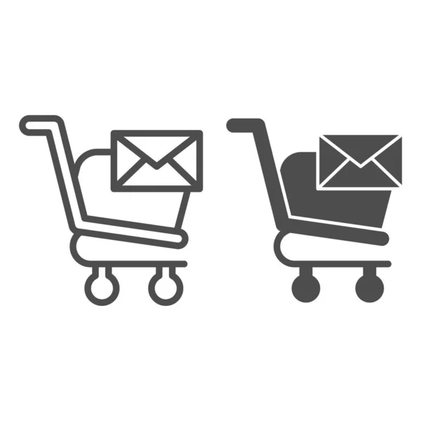 Lettre et ligne de chariot et icône de glyphe. Panier de marché avec bouton enveloppe postale. Concept de conception vectorielle de commerce, pictogramme de style contour sur fond blanc, utilisation pour le web et l'application. Eps 10 . — Image vectorielle