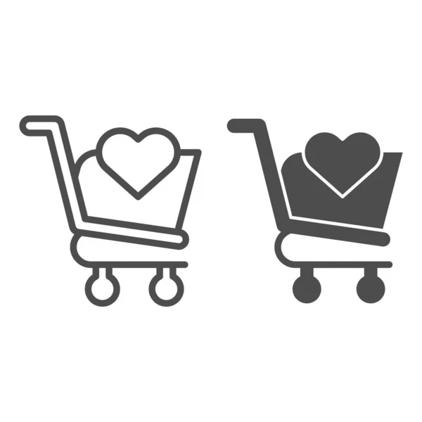 Favoriete winkelwagen met hartlijn en glyph icoon. Marktrolley met hartvorm. Commerce vector ontwerp concept, outline stijl pictogram op witte achtergrond, gebruik voor web en app. Eps 10. — Stockvector
