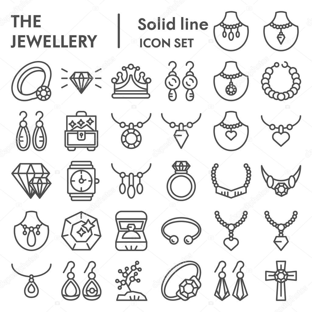 Jewellery line icon set, accessories symbols collection, vector sketches, logo illustrations, bijouterie signs linear pictograms package isolated on white background, eps 10