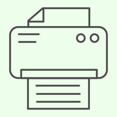 Yazıcı ince çizgi simgesi. Ofis lazer-jet baskı makinesi beyaz arka planda resim çizimi. Mobil konsept ve web tasarımı için iş ve organizasyon tabelaları. Vektör grafikleri.