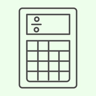 Hesap makinesi ince çizgi simgesi. Ofis hesaplaması makine anahatları beyaz zemin üzerinde pictogram. Mobil konsept ve web tasarımı için iş elektroniği matematik cihazı. Vektör grafikleri.
