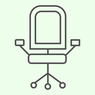 Ofis koltuğu ince çizgi ikonu. Koltuk, rahat iş mobilyalarının tekerlekleri beyaz arka planda resim çizimi. Mobil konsept ve web tasarımı için ofis şefi koltuğu. Vektör grafikleri.