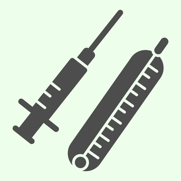 Strzykawka solidna ikona. Strzykawka medyczna ze szczepionką i piktogramem glifów termometrycznych na białym tle. Chemia i medycyna znaki dla mobilnej koncepcji i projektowania stron internetowych. Grafika wektorowa. — Wektor stockowy