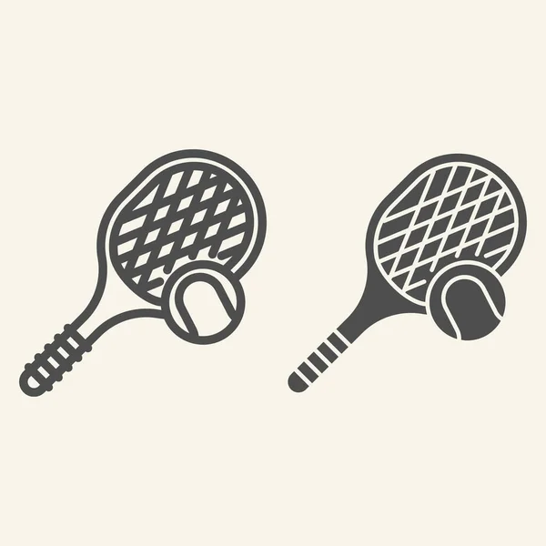 Tennisbana och solid ikon. Tennis racket och bollen skissera stil piktogram på beige bakgrund. Aktivitetsskyltar för mobilt koncept och webbdesign. Vektorgrafik. — Stock vektor
