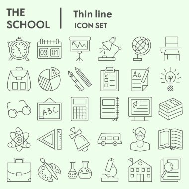 Eğitim ve okul ince çizgi simgesi seti, çalışma sembolleri koleksiyon ya da vektör çizimleri. Bilgi işaretleri bilgisayar ağı için ayarlandı, beyaz arkaplanda izole edilmiş doğrusal pictogram biçimi paketi, 10.