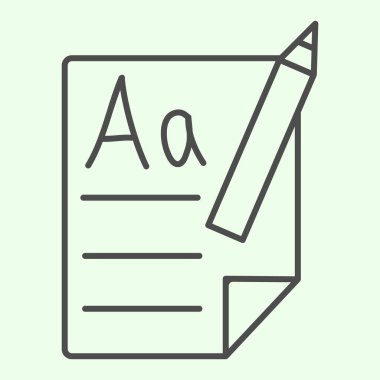 Okul dosyası ve kalem ince çizgi simgesi. Beyaz arkaplanda ana hatları öğrenen ilk harflerle kağıt sayfaları çalışmak. Mobil konsept ve web tasarımı için eğitim işaretleri. Vektör grafikleri.