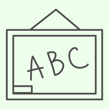 Okul karatahtası ince çizgi ikonu. Beyaz arka planda alfabe harfleri olan sınıf masası. Mobil konsept ve web tasarımı için eğitim ve öğrenim işaretleri. Vektör grafikleri.