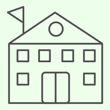 Okul binası ince çizgi ikonu. Beyaz arka planda bayrakları olan yüksek eğitim kurumu. Mobil konsept ve web tasarımı için bilgi ve çalışma işaretleri. Vektör grafikleri.