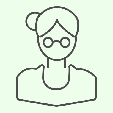 Okul öğretmeni ince çizgi ikonu. Kadın iş kadını ya da yuvarlak gözlüklü özel öğretmen beyaz arka planda resim çiziyor. Mobil konsept ve web tasarımı için eğitim işaretleri. Vektör grafikleri.