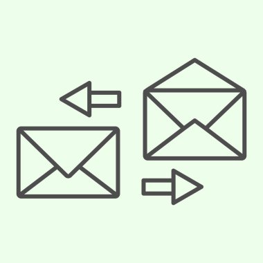Yazışmalar ince çizgi simgesi. Beyaz arkaplanda posta değiş tokuşu biçiminde pictogram. Mobil konsept ve web tasarımı için oklarla birlikte iş mektupları zarfı gönder ve al. Vektör grafikleri.