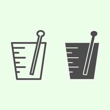 İdrar tahlili çizgisi ve sağlam bir ikon. Beyaz arka planda laboratuvar beher taslak resim çizimi. Mobil konsept ve web tasarımı için kimya ve biyoloji işaretleri. Vektör grafikleri.