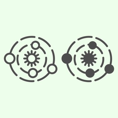 Güneş sistemi çizgisi ve katı ikon. Gezegenleri ve merkezde güneşi olan evren beyaz arkaplanda resim çiziyor. Astroloji ve evren mobil konsept ve web tasarımı için işaretler. Vektör grafikleri.