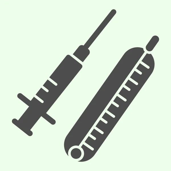固体アイコンをシリンジします。白の背景にワクチンと温度計グリフスタイルのピクトグラムと医療注射器。モバイルコンセプトとウェブデザインのための化学と医療標識。ベクトルグラフィックス. — ストックベクタ