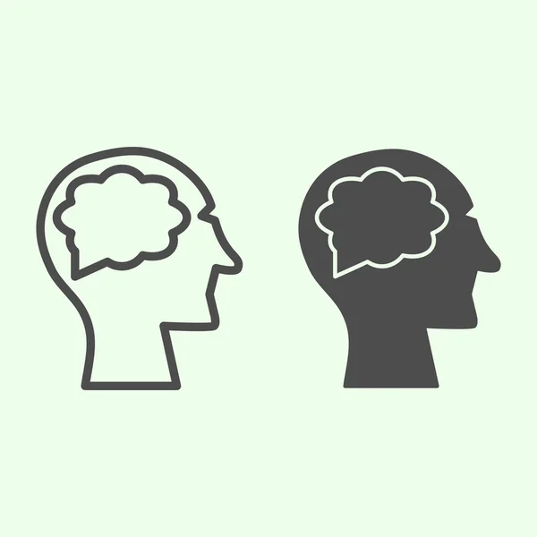 Människans hjärnlinje och solid ikon. Mänskligt huvud tänker en ny idé skissera stil piktogram på vit bakgrund. Vetenskap och hälsa tecken för mobila koncept och webbdesign. Vektorgrafik. — Stock vektor