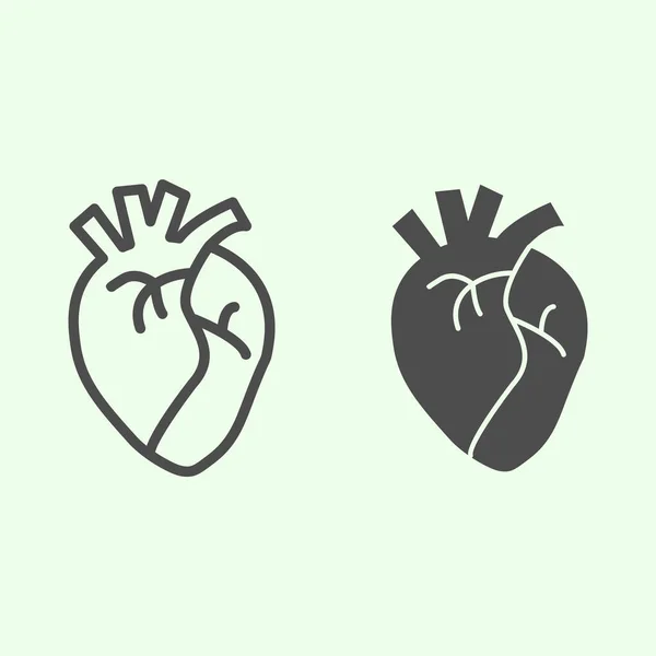 Hjärtat orgellinje och fast ikon. Realistiska mänskliga hjärta skissera stil piktogram på vit bakgrund. Anatomi och organ tecken för mobila koncept och webbdesign. Vektorgrafik. — Stock vektor