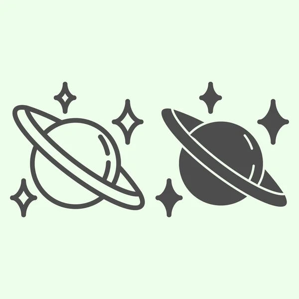 Linia Saturn și icoana solidă. Planeta cu stele în spațiu schițează pictograma stilului pe fundal alb. Semnele universului și astronomiei pentru conceptul mobil și designul web. Grafica vectoriala . — Vector de stoc