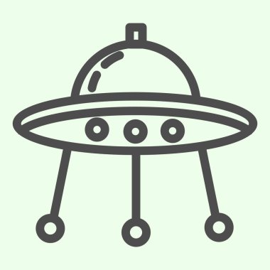 Uzaylı uzay gemisi çizgisi simgesi. Beyaz arka planda uzay aracı ya da UFO gemi plakası çizimi. Mobil konsept ve web tasarımı için uzay ve astronomi işaretleri. Vektör grafikleri.