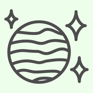 Gezegen küre çizgisi simgesi. Beyaz arkaplanda yıldızların ana hatlarıyla çizilmiş gökyüzü temalı soyut gökyüzü teması. Gezici kavram ve web tasarımı için evren ve evren işaretleri. Vektör grafikleri.