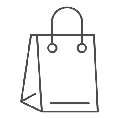 İnce çizgi simgesini torbaya koy. Alışveriş için tutacakları olan polietilen market paketi. Plastik ürünler tasarım konsepti, beyaz arka planda taslak biçim piktogramı, web ve uygulama için kullanım. Eps 10.