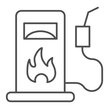 Benzin istasyonu ince çizgi ikonu. Benzin ya da yakıt için benzin pompası. Petrol endüstrisi vektör tasarımı konsepti, beyaz arkaplanda taslak biçim piktogramı.