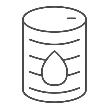 Petrol varili ince çizgi ikonu. Düşürmeli kimyasal metal kutu, varil kutusu. Yakıt endüstrisi vektör tasarımı konsepti, beyaz arkaplanda taslak biçim piktogramı.