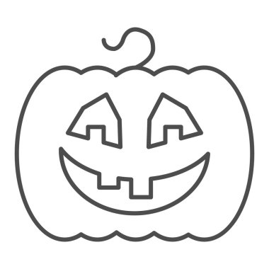 Gülen balkabağı ince çizgi ikonu. Hayalet suratlı sebze bitkisi Cadılar Bayramı parti vektör tasarımı konsepti, beyaz arka planda ana hatlı resim çizimi.