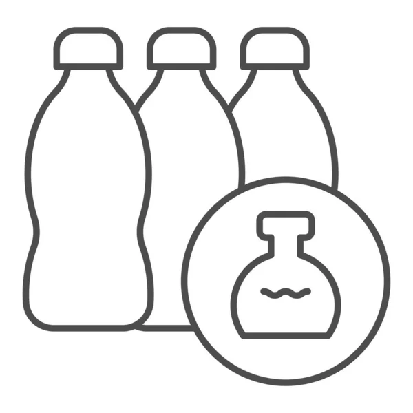 Détergents chimiques icône de ligne mince. Trois bouteilles d'eau en plastique et un bouton de fiole. Concept de conception zéro déchet, pictogramme de style contour sur fond blanc, utilisation pour le web et l'application. Eps 10 . — Image vectorielle