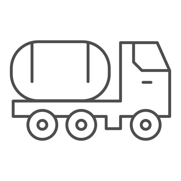 Tanque de combustible en camión icono de línea delgada. Transporte de mercancías químicas. Concepto de diseño de vectores de la industria petrolera, pictograma de estilo de esquema sobre fondo blanco . — Vector de stock