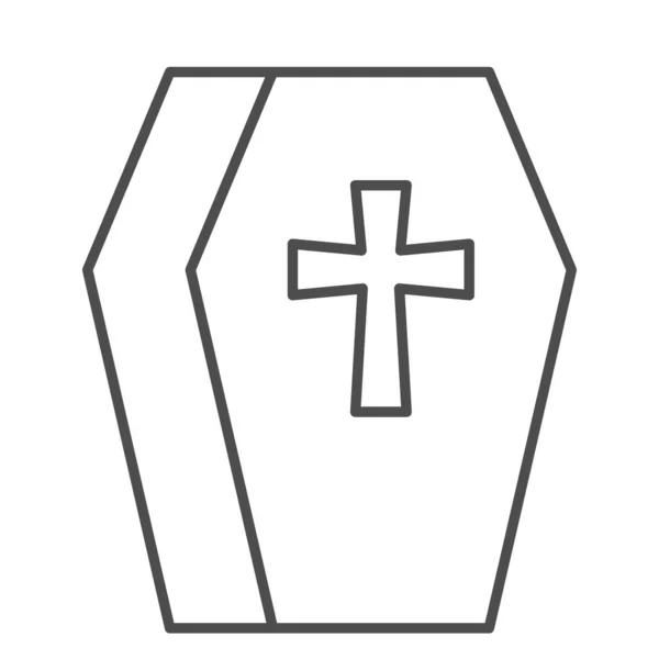 Cercueil mince icône de ligne. Cimetière avec une croix. Concept de conception vectorielle de fête d'Halloween, pictogramme de style contour sur fond blanc . — Image vectorielle