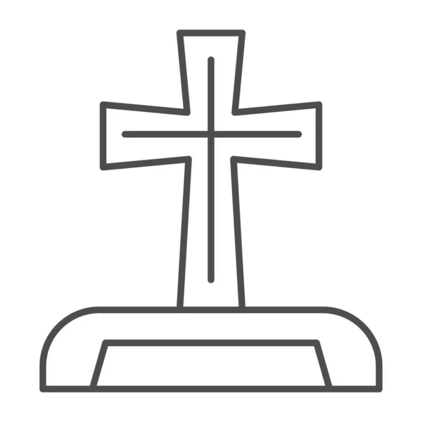 Lápida icono de línea delgada. Cementerio con cruz cristiana. Concepto de diseño de vectores de fiesta de Halloween, pictograma de estilo de esquema sobre fondo blanco . — Vector de stock