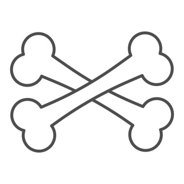 Çapraz kemikler ince çizgi simgesi. İki çapraz kemik. Cadılar Bayramı parti vektör tasarımı konsepti, beyaz arkaplanda taslak biçim piktogramı.