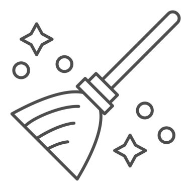 Sihirli süpürge ince çizgi ikonu. Büyücü ve cadı ev halkı için uçuyor. Cadılar Bayramı parti vektör tasarımı konsepti, beyaz arkaplanda taslak biçim piktogramı.