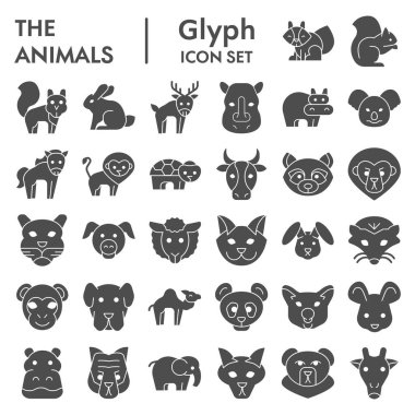 Hayvanların katı simge seti, Vahşi doğa koleksiyonu, vektör çizimleri, logo çizimleri, web sembolleri, beyaz arkaplanda izole edilmiş kabartma resim paketleri, 10 birim.