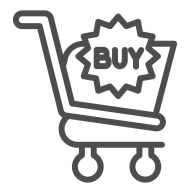 Düğme hattı simgesi al. Alışveriş arabası, işaretli market arabası. Ticari vektör tasarımı konsepti, beyaz arka planda taslak biçim piktogramı, web ve uygulama için kullanım. Eps 10.