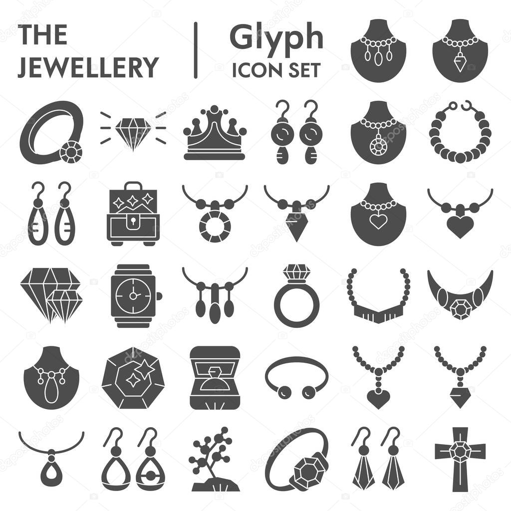 Jewellery glyph icon set, accessories symbols collection, vector sketches, logo illustrations, bijouterie signs solid pictograms package isolated on white background, eps 10