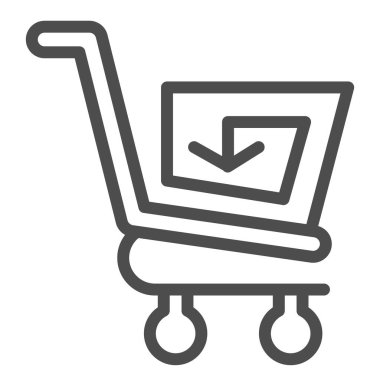 Tüketici arabası çizgisi simgesi yükleniyor. Spiral ok işaretli market arabası. Ticari vektör tasarımı konsepti, beyaz arka planda taslak biçim piktogramı, web ve uygulama için kullanım. Eps 10.