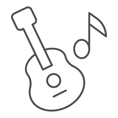 Gitar ince çizgi ikonu. Notalı akustik müzik aleti. Doğum günü ve yıldönümü eğlence vektörü tasarımı konsepti, beyaz arka planda ana hatlı resim çizimi, web ve uygulama için kullanım. Eps 10.