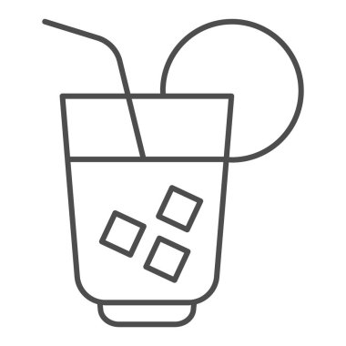 Soğutucu içecek ince çizgi ikonu. Bir bardak kokteyl ya da buzlu meyve suyu, narenciye ve saman. Doğum günü partisi vektör tasarımı konsepti, beyaz arka planda ana hatlı resim çizimi, web ve uygulama için kullanım. Eps 10.