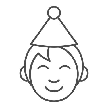 Doğum günü çocuğu ince çizgi ikonu. Parti konisiyle insan kafası. Parti kutlama vektör tasarımı konsepti, beyaz arka planda ana hatlı resim çizimi, web ve uygulama için kullanım. Eps 10.