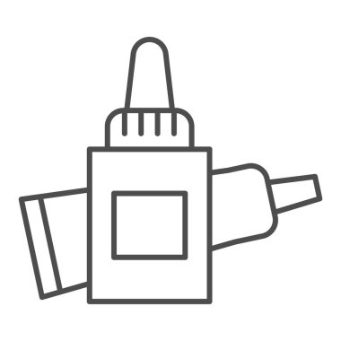 Yapıştırıcı ince çizgi simgesi. Yapışkan sıvı tüpler sembollü iki şişe, beyaz arka planda ana hatlı resim. Mobil konsept ve web tasarımı için sabit veya ofis ögesi işareti. Vektör grafikleri.