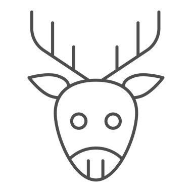 Geyik kafası ince çizgi ikonu. Orman boynuzlu hayvan yüzü sembolü, beyaz arka planda ana hatlı resim. Mobil konsept ve web tasarımı için Noel tabelası. Vektör grafikleri.