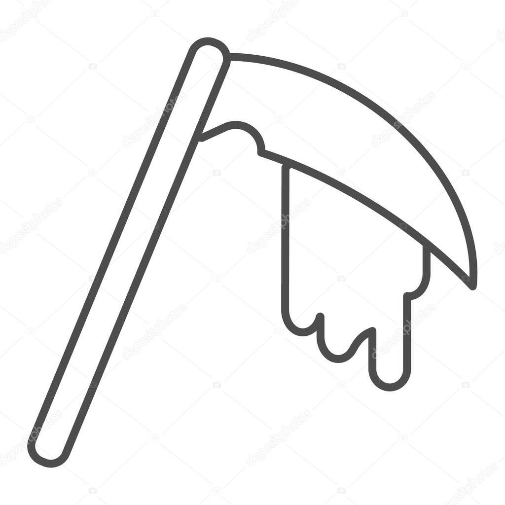 Reaper bloodied scythe thin line icon. Agriculture inventory item with drop of blood. Halloween party vector design concept, outline style pictogram on white background.