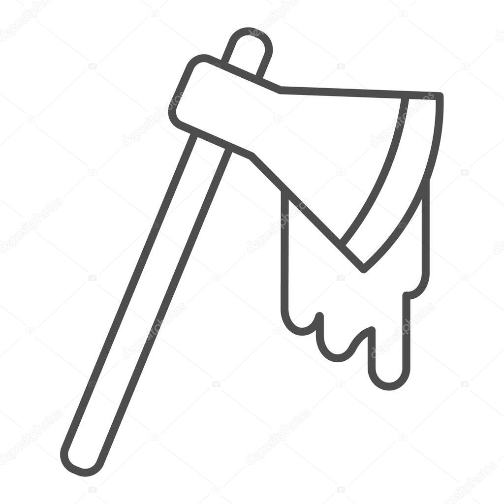 Bloodied Axe thin line icon. Razor with drop of blood, bloody bladed hummer. Halloween party vector design concept, outline style pictogram on white background.