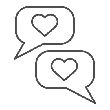 Romantik sohbet ince çizgi ikonu. Karşılıklılık diyaloğu ve iltifat sembolü, beyaz arka planda ana hatlı resim. Mobil konsept ya da web tasarımı için ilişki işareti. Vektör grafikleri.